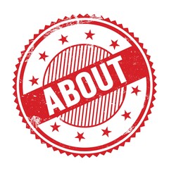 ABOUT text written on red grungy round stamp.