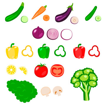 Vegetables whole and slices. Vector illustration