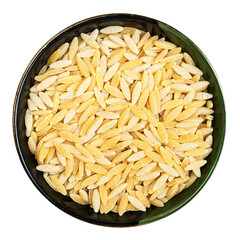 risoni pasta in round bowl isolated on white