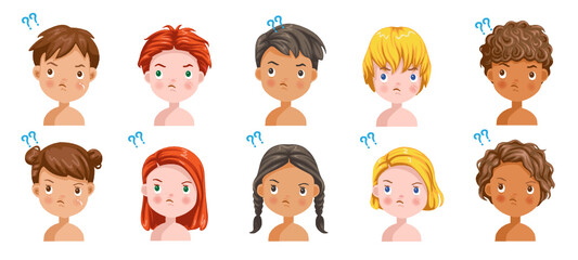 Boys and girls set emotions, feelings of question,  Suspicion The face of the child is confused. Different nationalities are different. Variety of children. Female and male heads. 