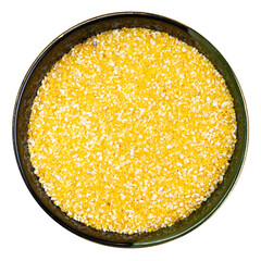 coarse cornmeal in round bowl isolated - obrazy, fototapety, plakaty
