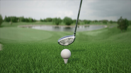 Fototapeta na wymiar 3d render hitting a golf ball with a club on the field side view