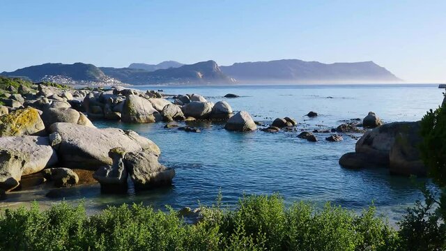 4K Elevated, panoramic view of Boulders Beach in Simon's Town, Cape Town, South Africa.