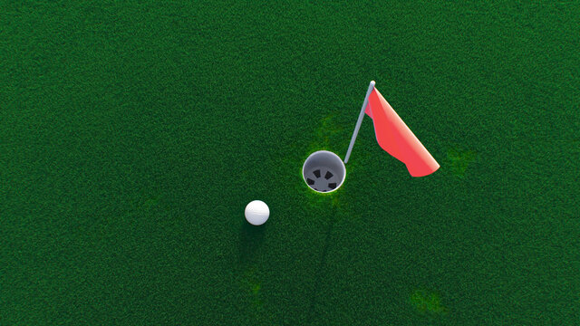 3d Render Golf Ball Rolls Across The Course Into A Hole Top View