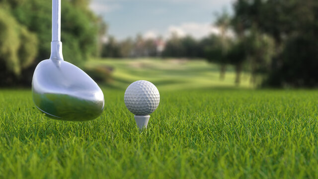 3d render hitting a golf ball with a club on the field side view