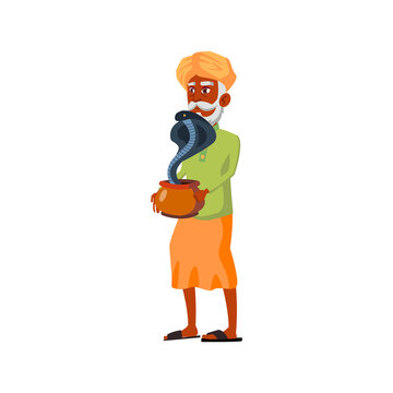 indian aged man with cobra snake in pot cartoon vector. indian aged man with cobra snake in pot character. isolated flat cartoon illustration