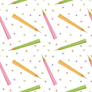 Seamless pattern with color pencils. Hand drawn vector illustration with cryons, paints, palette, brush. Back to school.