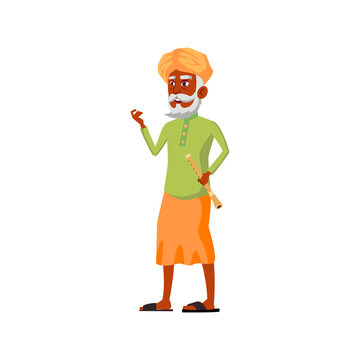 Senior Man With Bansuri Musical Instrument On Fair Cartoon Vector. Senior Man With Bansuri Musical Instrument On Fair Character. Isolated Flat Cartoon Illustration