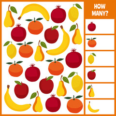 Puzzle for kids for the brain. Counting space elements and objects. Vector illustration. Fruits. Apple and Banana and Pomegranate and Pear and Lemon and Orange