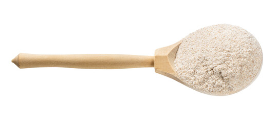 wooden spoon with whole-grain wheat flour isolated