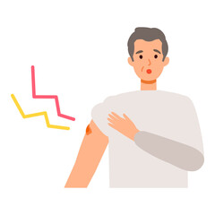 Elderly man with arm  pain  after getting his COVID-19 vaccine. Concept for coronavirus vaccination.
