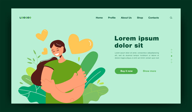 Happy woman self hugging flat vector illustration. Cartoon positive girl in blue shirt holding or embracing herself and smiling. Self-esteem, confidence and love concept