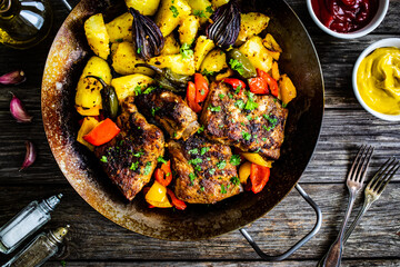 Tasty roasted ribs with baked potatoes and  vegetables served on frying pan on wooden table

