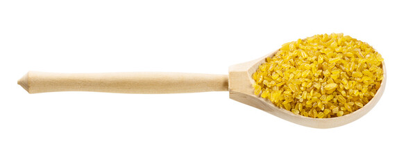 wooden spoon with bulgur wheat groats isolated