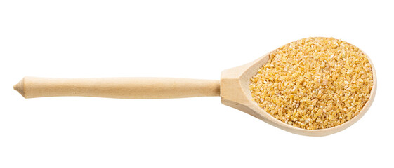 spoon with crushed polished wheat grains isolated