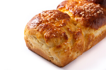 Braided brioche bread isolated on white background	