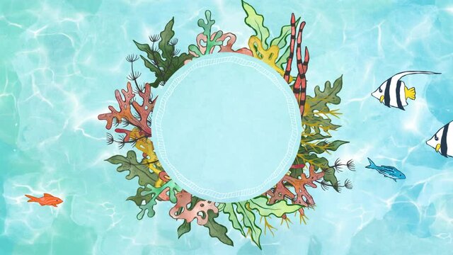 Round animated frame with seaweeds, corals, and fishes. A beautiful decorative element to the video with a transparent transition at the start. Cartoon style animated illustration sea or ocean