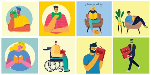 Vector concept illustrations of World Book Day, Reading the books and Book festival in the flat style.