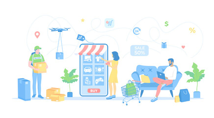 Fototapeta premium Online Shopping, Application, Service, Banking. Home delivery service. People buy items online via phone and laptop. Vector illustration flat style.