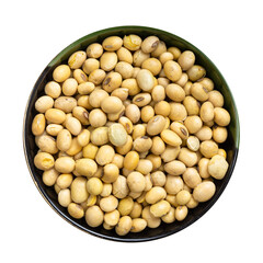 raw dried soybeans in round bowl isolated