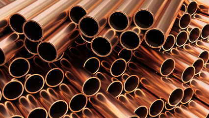 Industry production for plumbing. Copper pipes background. 3d render.