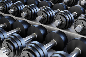 Fototapeta na wymiar Black dumbbell weight set for Bodybuilding fitness in gym background. 3d render.