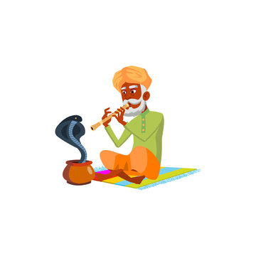 snake charmer old man playing on flute cartoon vector. snake charmer old man playing on flute character. isolated flat cartoon illustration