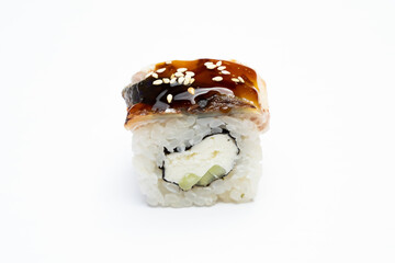 Philadelphia roll sushi with salmon, shrimps, avocado, cream cheese. Sushi menu. Japanese food..Sushi roll isolated on white close up