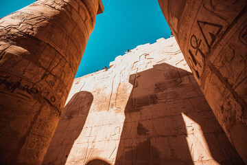 The columns with hieroglyphs in Karnak Temple, Luxor, Egypt