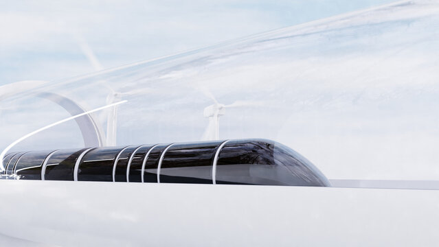 Future train futuristic with Hyperloop Technology and sea background. 3d render.