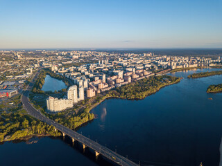 Fototapeta premium Dnieper River in Kiev. Aerial drone view.