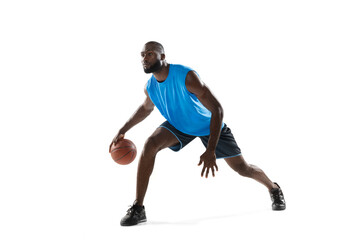 Full length portrait of a basketball player with a ball isolated on white studio background. advertising concept. Fit african american athlete jumping with ball. - obrazy, fototapety, plakaty