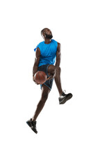 Full length portrait of a basketball player with a ball isolated on white studio background. advertising concept. Fit african american athlete jumping with ball.