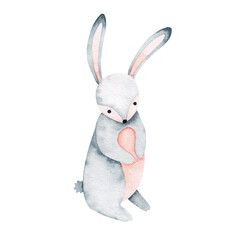Watercolor drawing of a bunny isolated on a white background. Hand drawn gray rabbit. Cute forest animal. For children's design. Woodland.