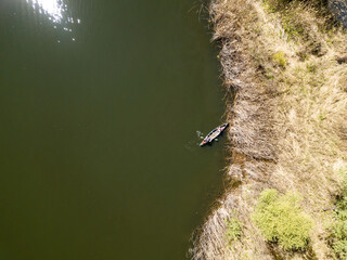 Kayak on the river. Aerial drone view.