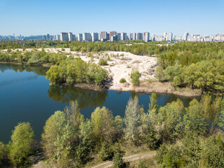 River bank in spring. Aerial drone view.