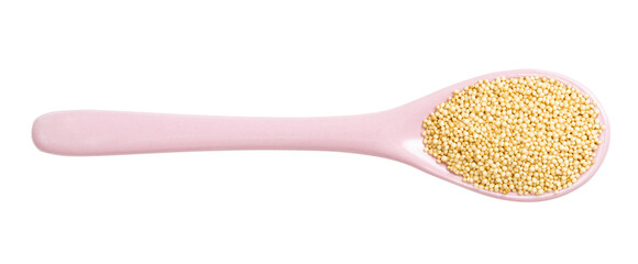 top view of ceramic spoon with amaranth grains