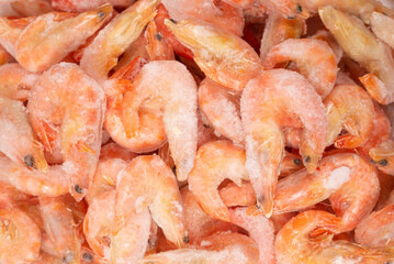 Fresh shrimps in ice. Top view.