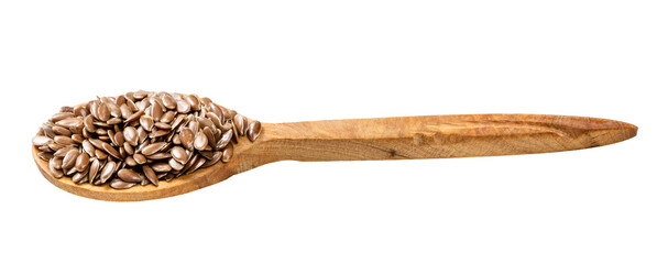 wooden spoon with brown flax seeds isolated