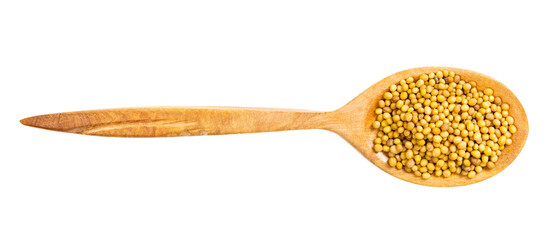 top view of wood spoon with yellow mustard seeds