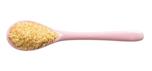 view of demerara brown cane sugar in ceramic spoon