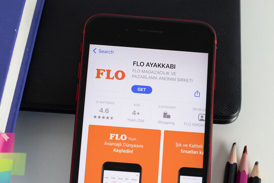 New York, USA - 1 June 2021: FLO AYAKKABI mobile app logo on phone screen, close-up icon, Illustrative Editorial.