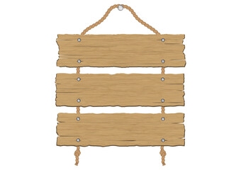 Retro vintage brown wooden plank cracked sign boards hanging with rope vector illustration
