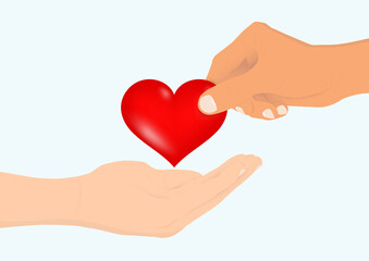 Hand giving heart to the other hand, charity and donation concept vector illustration