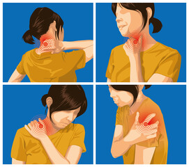 Pain and injuries in body parts. woman is feeling pain in neck, throat, trapezius and shoulder. - obrazy, fototapety, plakaty