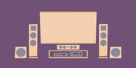 Home theater system. Video audio home installation. Surround sound speakers, loudspeakers, subwoofer with АV-receiver, projection screen. Entertainment сenter. Color flat vector illustration isolated 