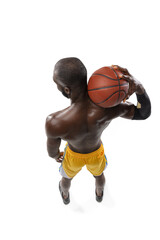 one african man basketball player holding ball in silhouette isolated white background