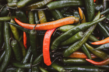 hot peppers red and green close up view