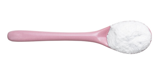 top view of dextrose sugar in pink ceramic spoon