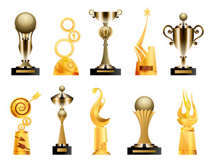 Awards and trophy cups. Triumph sport awards and prizes, winner trophy gold cup illustration. Best competition achievements. Awards in different shapes